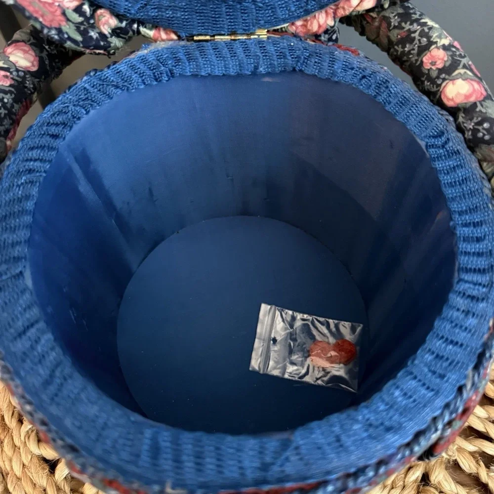 Vintage Floral Padded Sewing Box Basket Hinged Handle Round Blue Lined Grandma